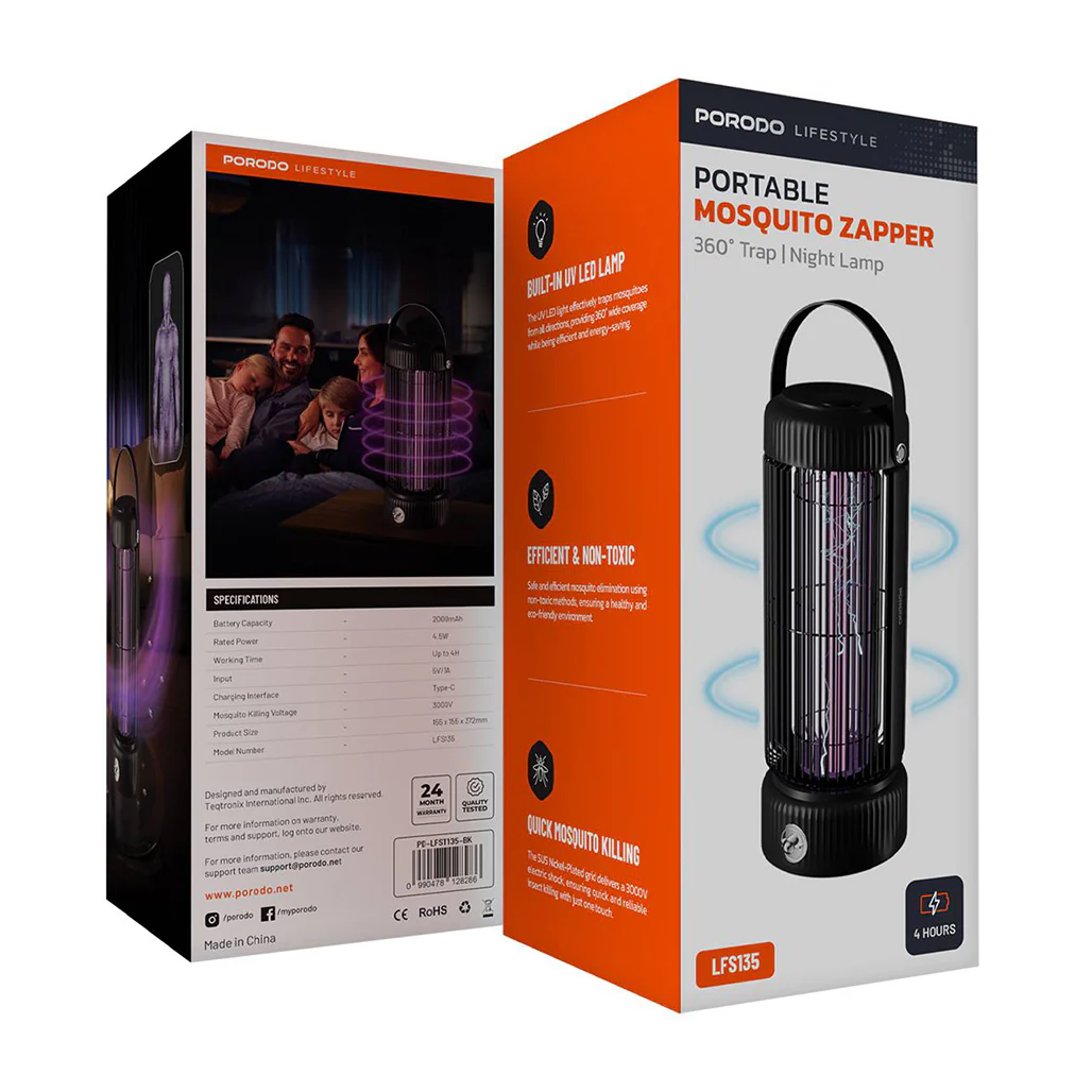 Porodo Lifestyle Portable Mosquito Zapper | UV LED Bug Trap | 2000mAh Rechargeable Battery | Chemical-Free & Efficient Pest Control | Black - Image 2