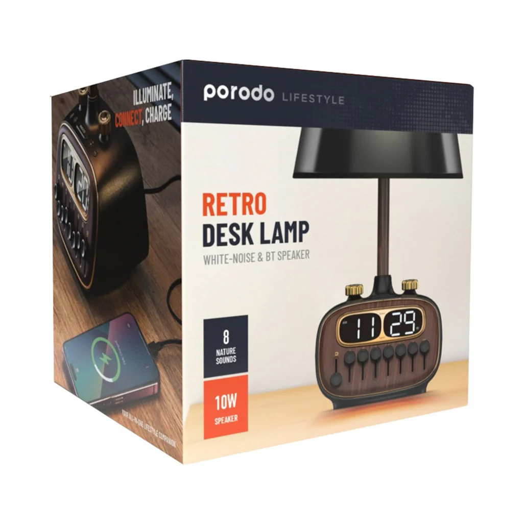 Porodo Lifestyle Retro Desk Lamp with White Noise, Bluetooth Speaker, and Digital Clock - Black - Image 2
