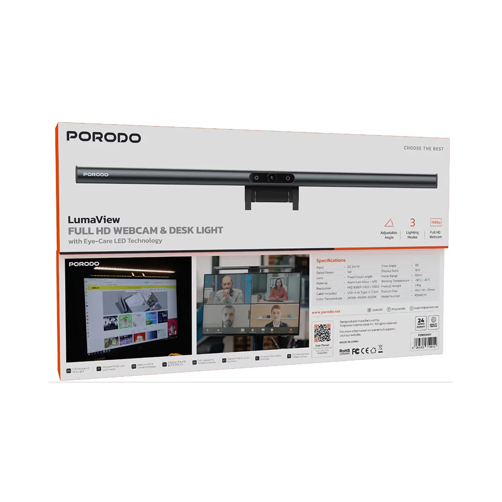 Porodo LumaView Full HD Webcam & Desk Light with Eye-Care LED Technology – Gray - Image 6