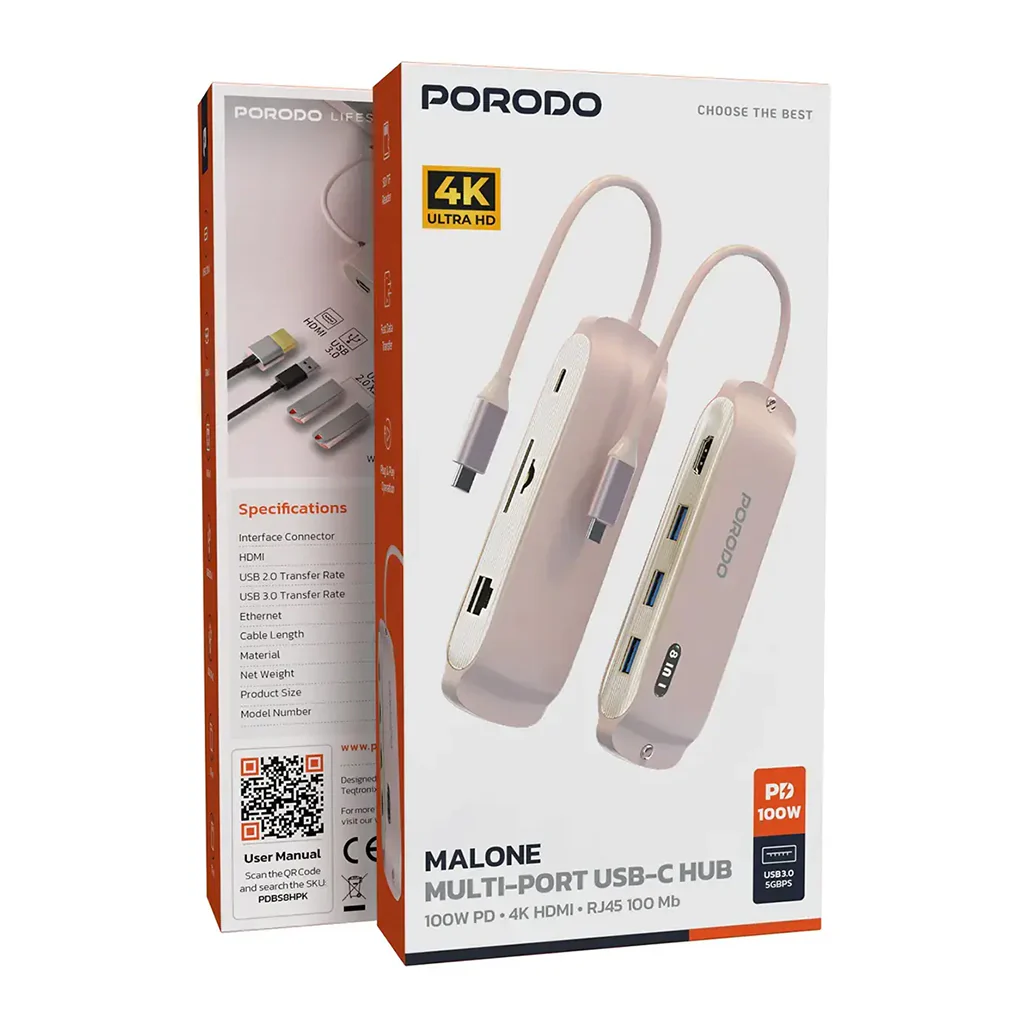 Porodo Malone Multi-Port USB-C Hub - Pink - Image 3