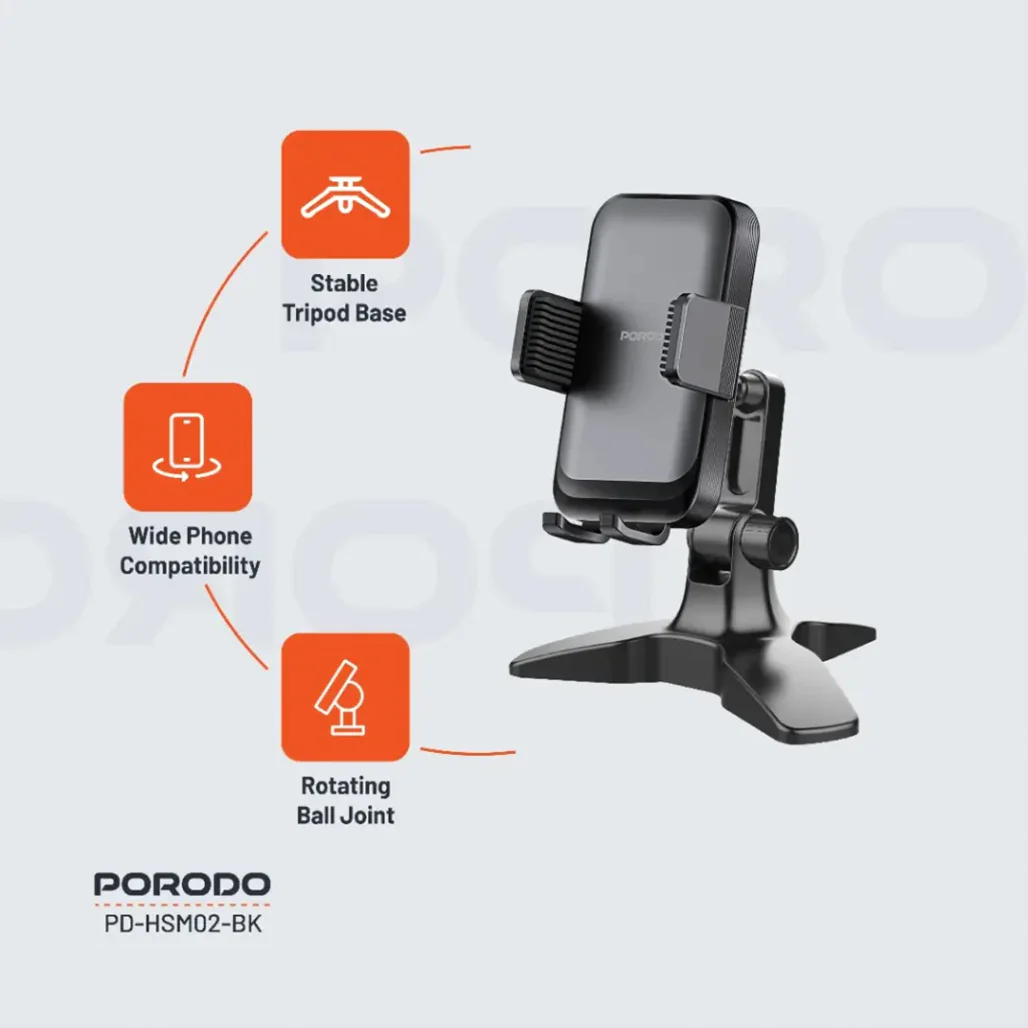 Porodo Multi-Angle Adjustable Desk Phone Stand – Universal Phone Holder for Video Calls, Streaming & Hands-Free Use – Black - Image 2