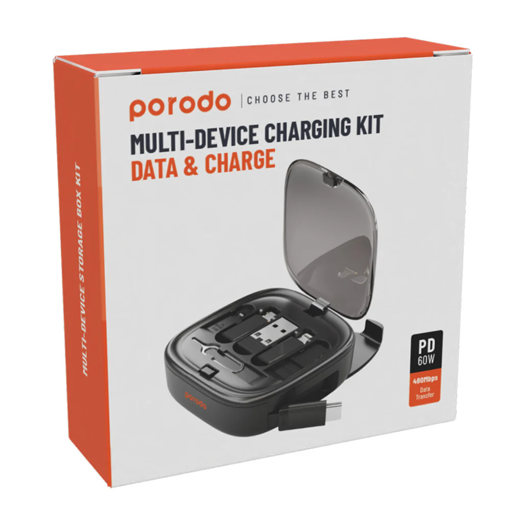 Porodo Multi-Device Charging Kit with 60W Type-C Cable, Universal Adapters, Data Transfer & SIM Management - Image 2