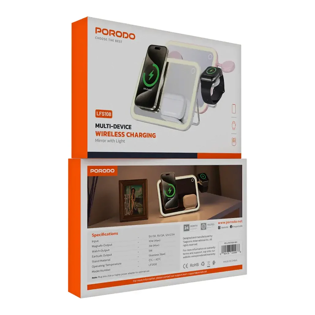 Porodo Multi-Device Wireless Charging Mirror with LED Lights – MagSafe, Adjustable Stand, and Night Light - Image 2