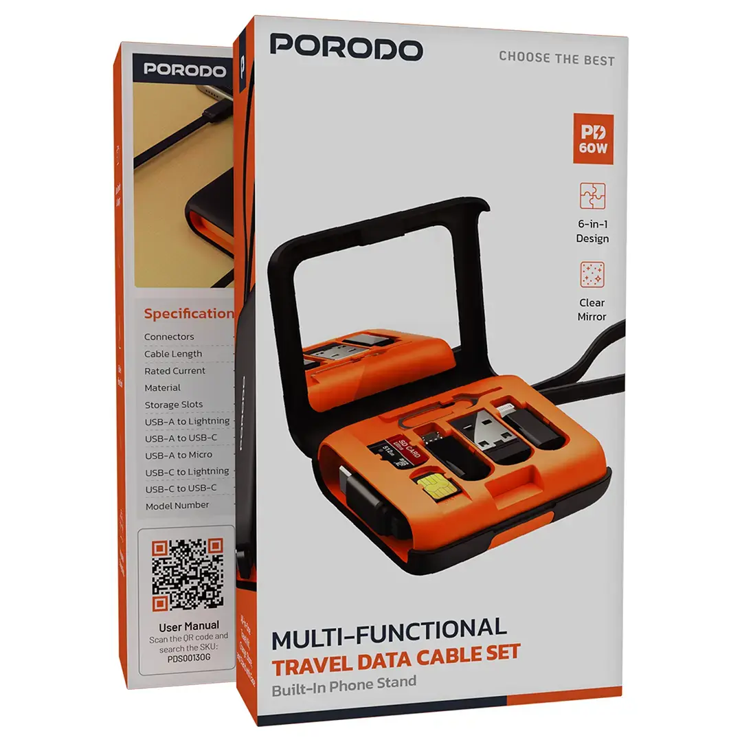 Porodo Multi-Functional Travel Data Cable Set – Orange - PDS0013OG - Image 3