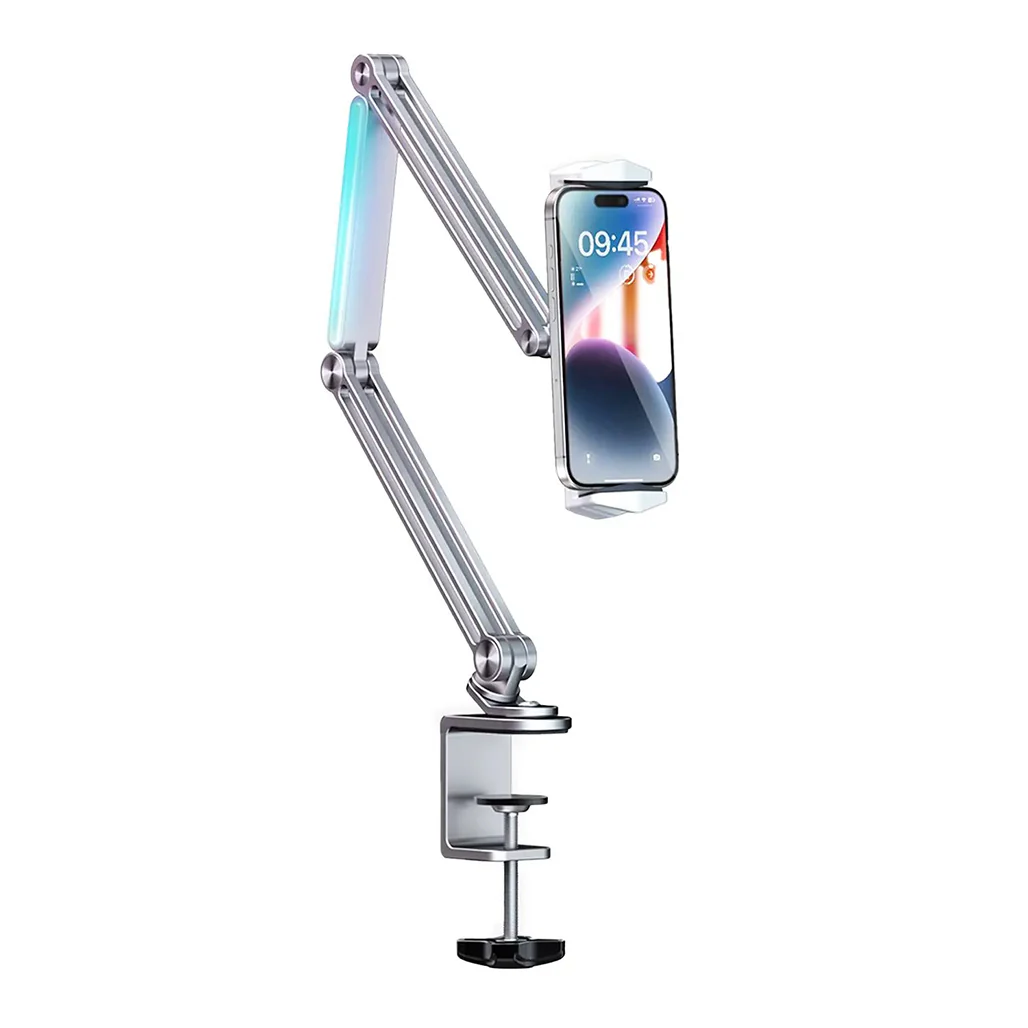 Porodo Multi-Joint Aluminum Desk Mount with RGB Ambient Light and 360° Adjustable Viewing for Phone & Tablet - Image 2