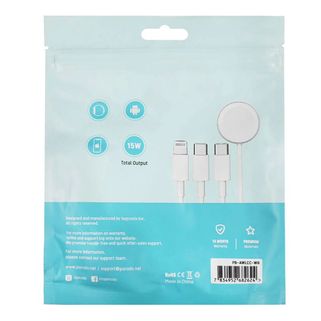 Porodo PB-AWLCC-WH All-in-one Cable USB-C to Lightning Type-C Watch Charger - Image 3