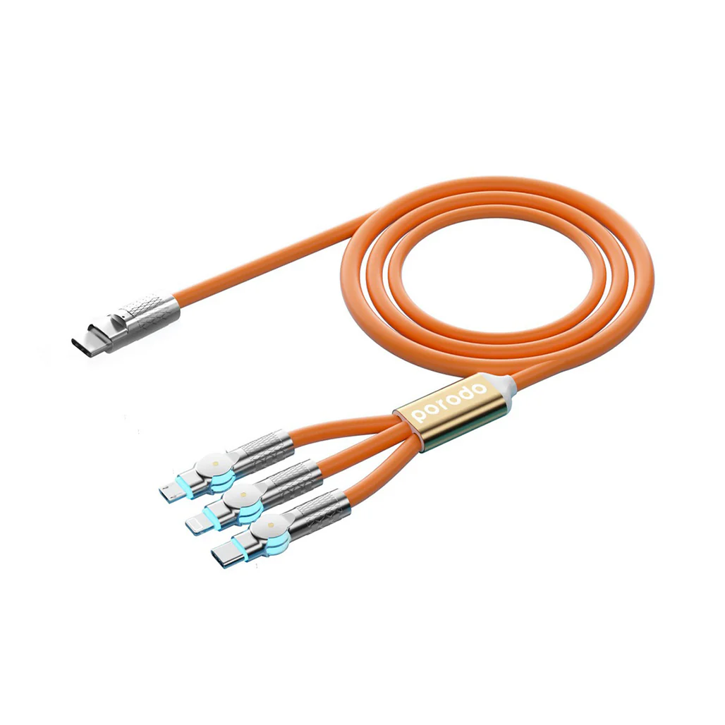 Porodo PD100W 3-in-1 Cable 180 Degrees Rotation: 1.2M - Orange - Image 2