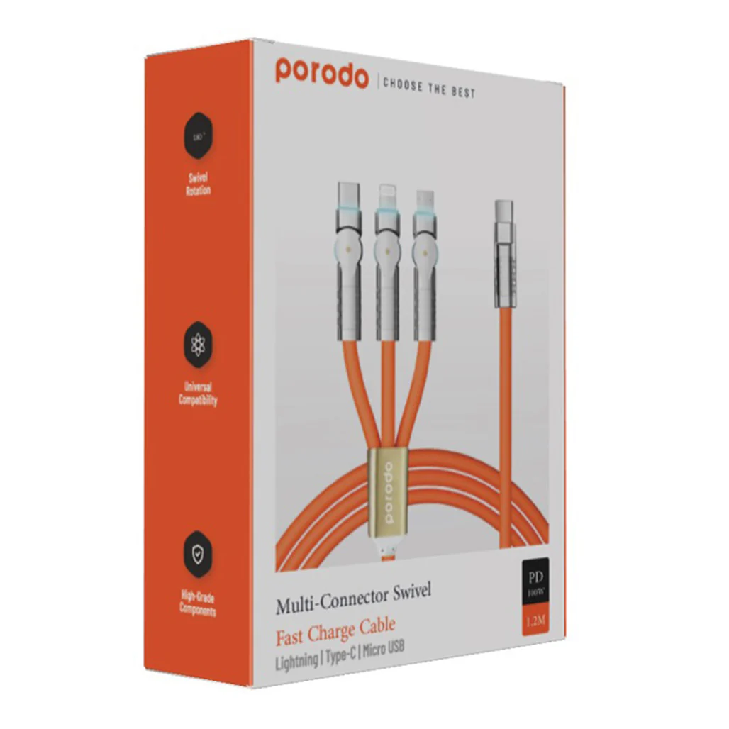 Porodo PD100W 3-in-1 Cable 180 Degrees Rotation: 1.2M - Orange - Image 3