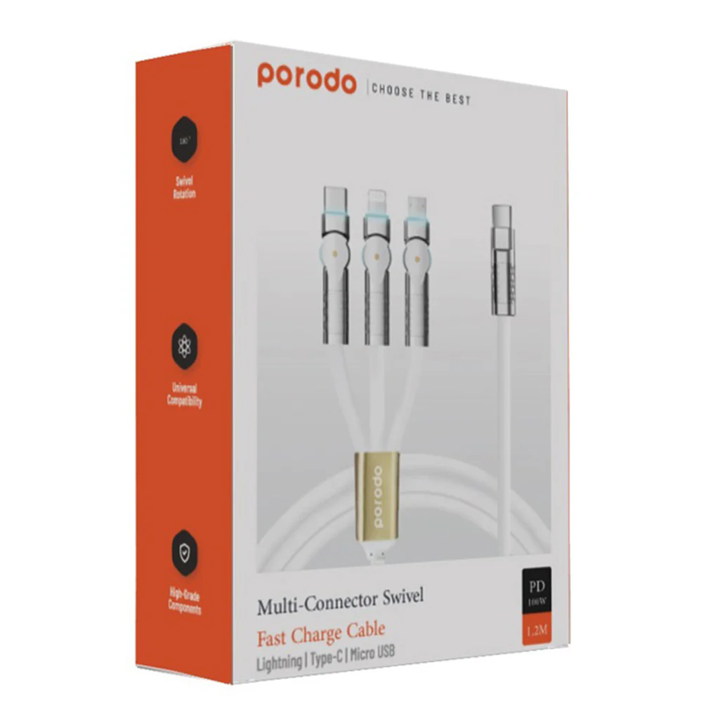 Porodo PD100W 3-in-1 Cable 180 Degrees Rotation: 1.2M - White - Image 3