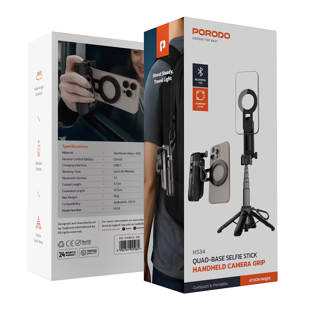 Porodo Quad Base Selfie Stick with 360° Rotation, Magnetic Mount, Wireless Shutter & Stable Aluminum Base – Black - Image 9