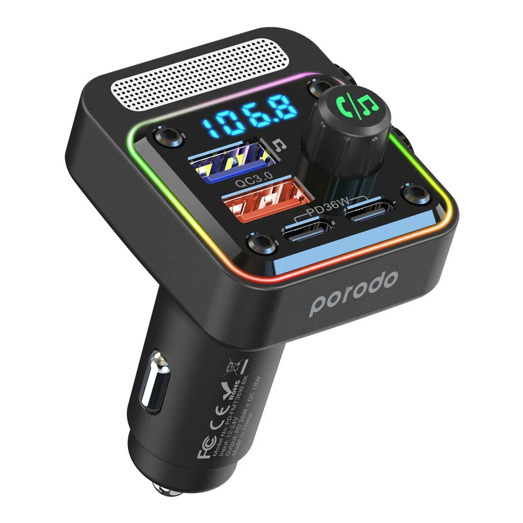 Porodo Quick-Charge FM Car Charger ( Dual USB-C & USB-A ) PD 36W - Black - Image 2