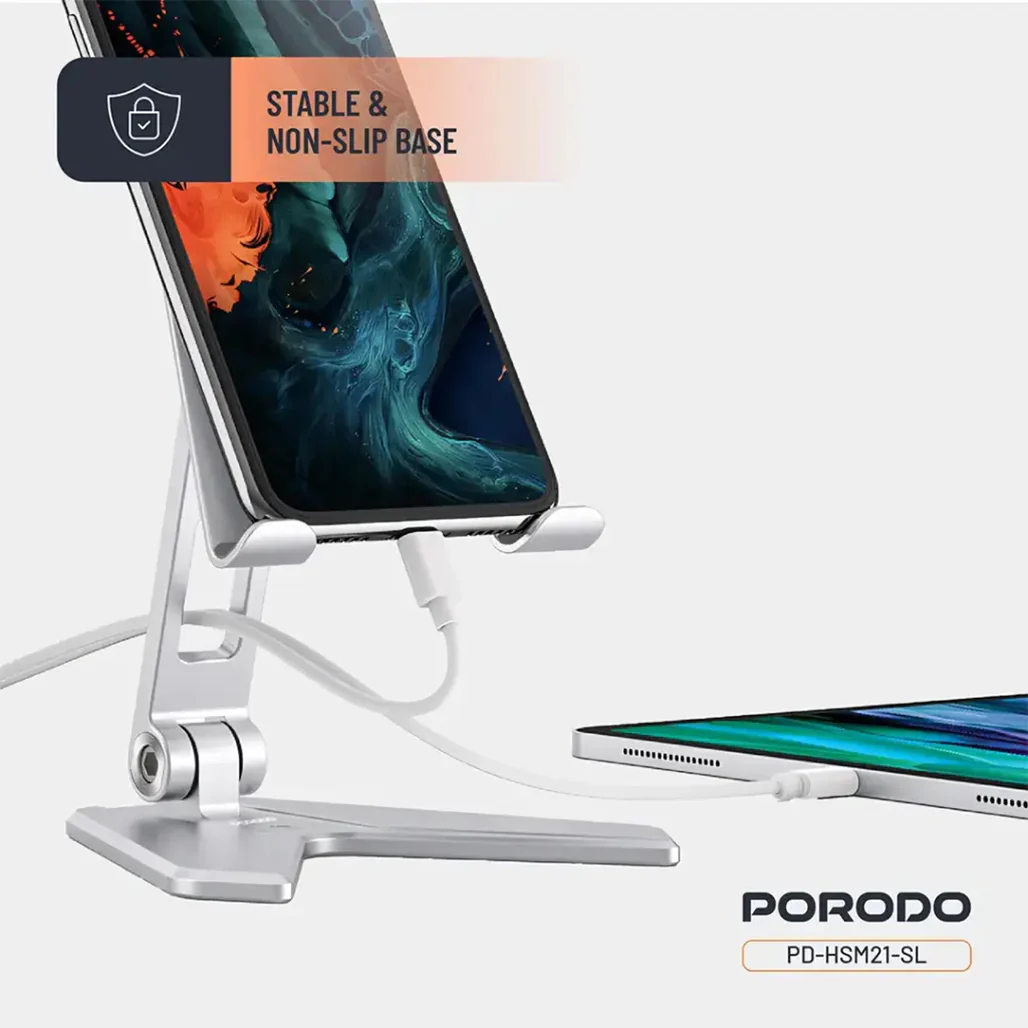 Porodo Silver Aluminum Mobile Stand for 4"–8" Phones – Foldable, Adjustable, Non-Slip - Image 4
