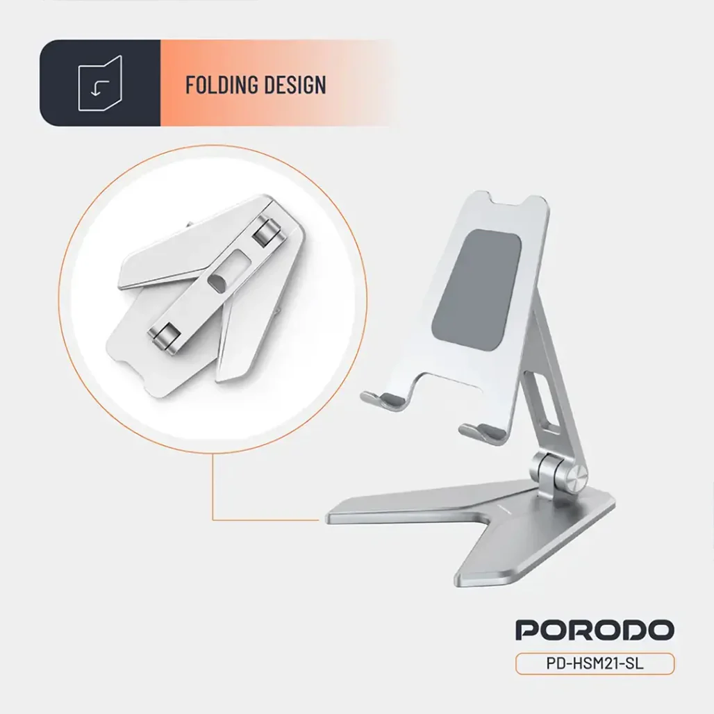Porodo Silver Aluminum Mobile Stand for 4"–8" Phones – Foldable, Adjustable, Non-Slip - Image 5