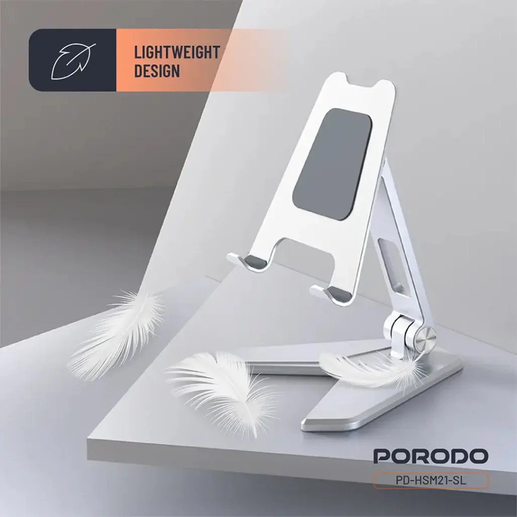 Porodo Silver Aluminum Mobile Stand for 4"–8" Phones – Foldable, Adjustable, Non-Slip - Image 6