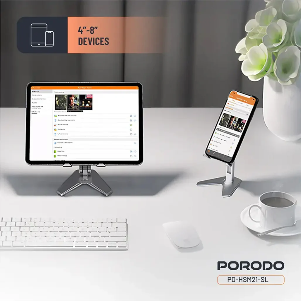 Porodo Silver Aluminum Mobile Stand for 4"–8" Phones – Foldable, Adjustable, Non-Slip - Image 7