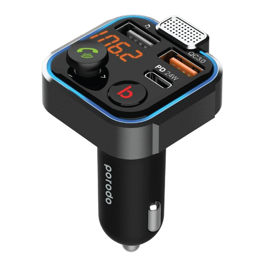 Porodo Smart Car Charger FM Transmitter with 24W PD Port & QC 3.0 - Black - Image 2