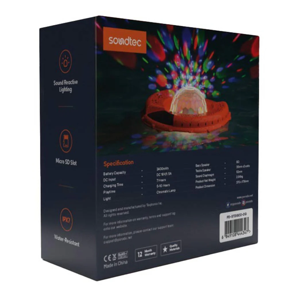 Porodo Soundtec Disco 100W LED Light Floating Waterproof Bluetooth Speaker - Orange, IP67 Water Resistant, 24000mAh Battery, Micro SD Slot - Image 3