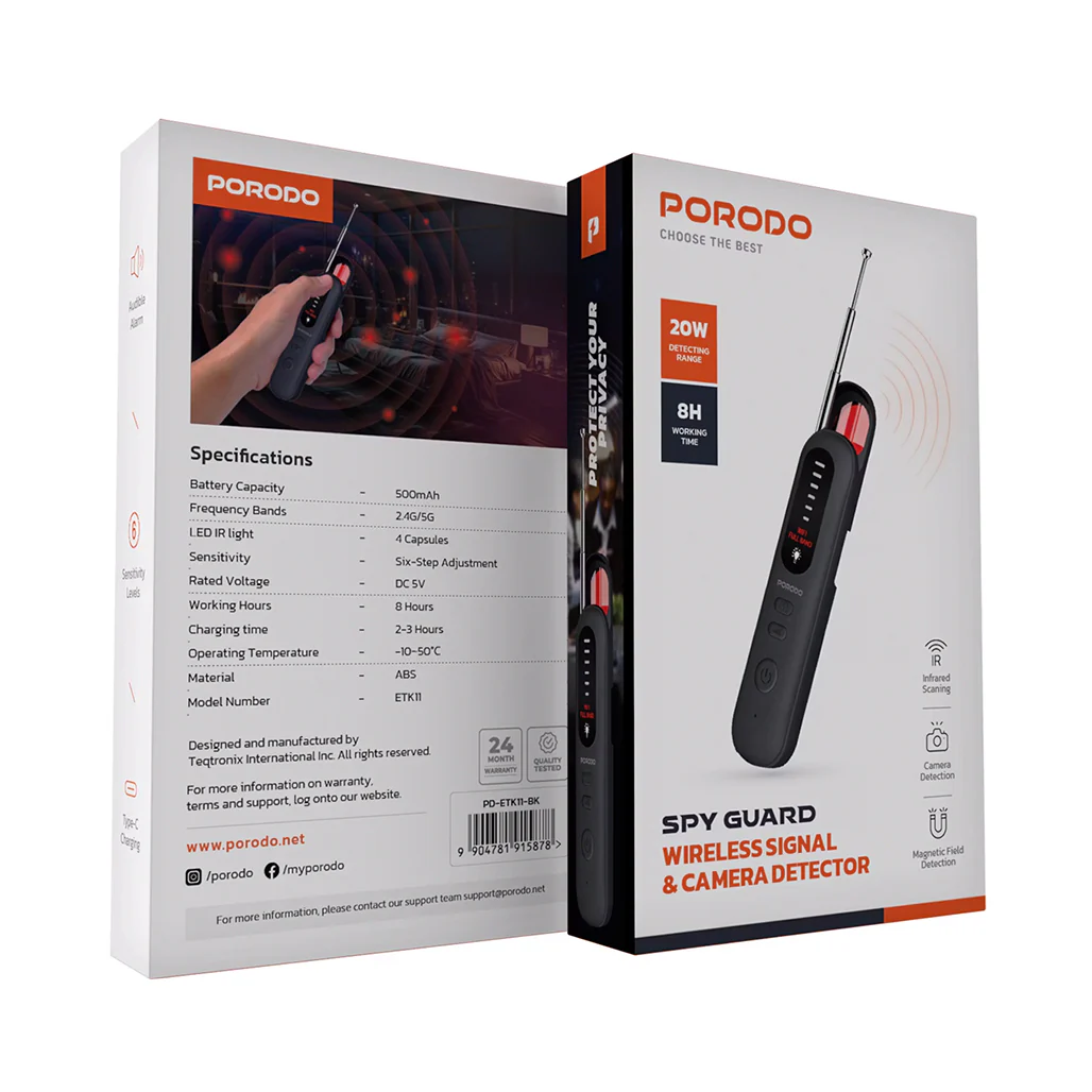 Porodo Spy Guard Wireless Signal & Hidden Camera Detector – 6 Sensitivity Levels, Infrared Lens Detection, Audible Alarm, 8-Hour Battery Life, Portable Anti-Surveillance Device – Black - Image 5