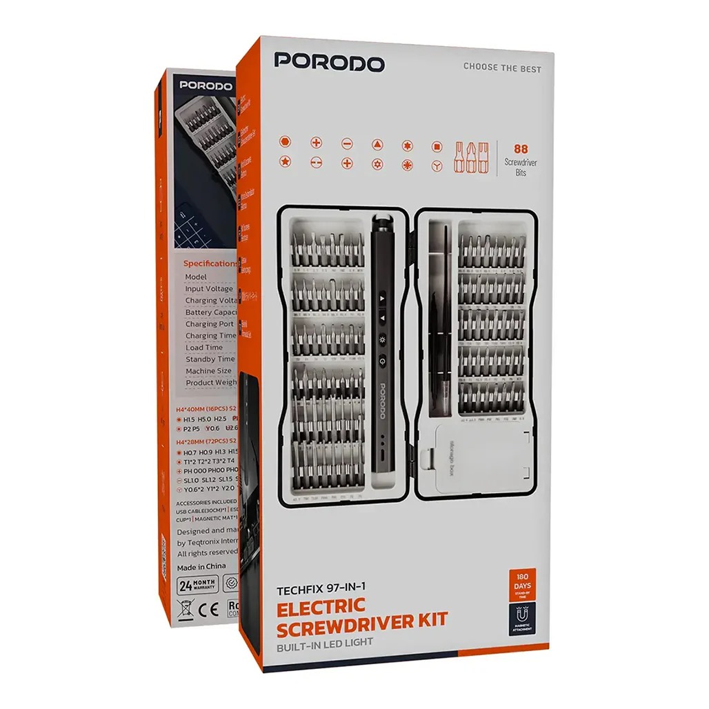 Porodo Techfix 97-In-1 Electric Screwdriver Kit Built-In LED Light - Black - Image 2