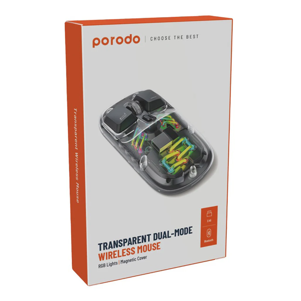 Porodo Transparent Dual-Mode Wireless Mouse with RGB Lighting and Adjustable DPI - 2.4G & Bluetooth Connectivity - Image 2