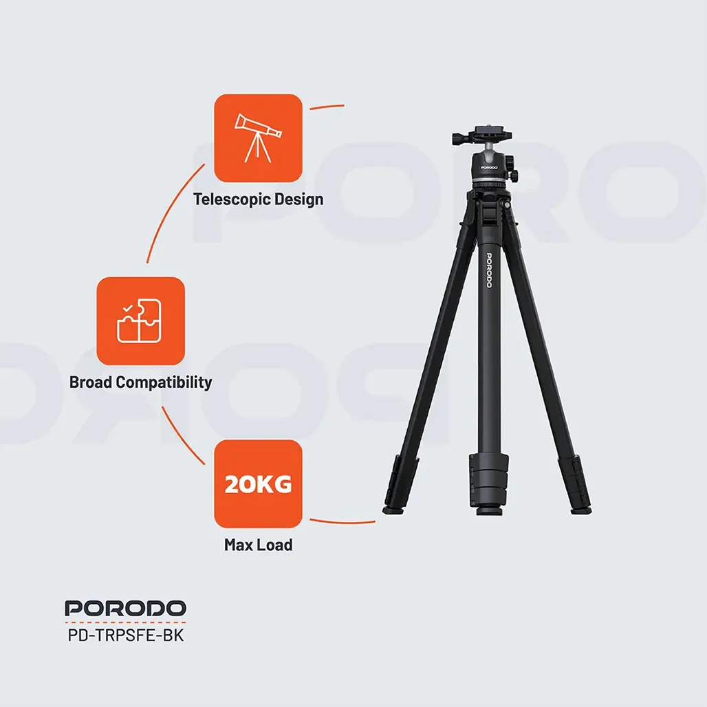 Porodo Ultra-Light Aluminum Tripod - Black | Portable, Durable, 360° Rotation, 10kg Load Capacity - Image 4
