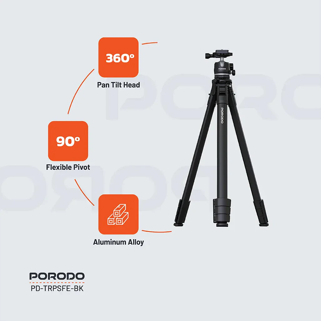 Porodo Ultra-Light Aluminum Tripod - Black | Portable, Durable, 360° Rotation, 10kg Load Capacity - Image 8
