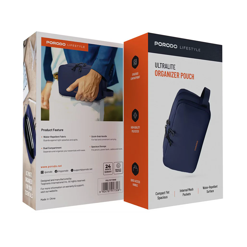 Porodo Organizer Pouch Navy – Dual Compartment Travel Bag with Water-Repellant Polyester & Mesh Pockets - Image 11