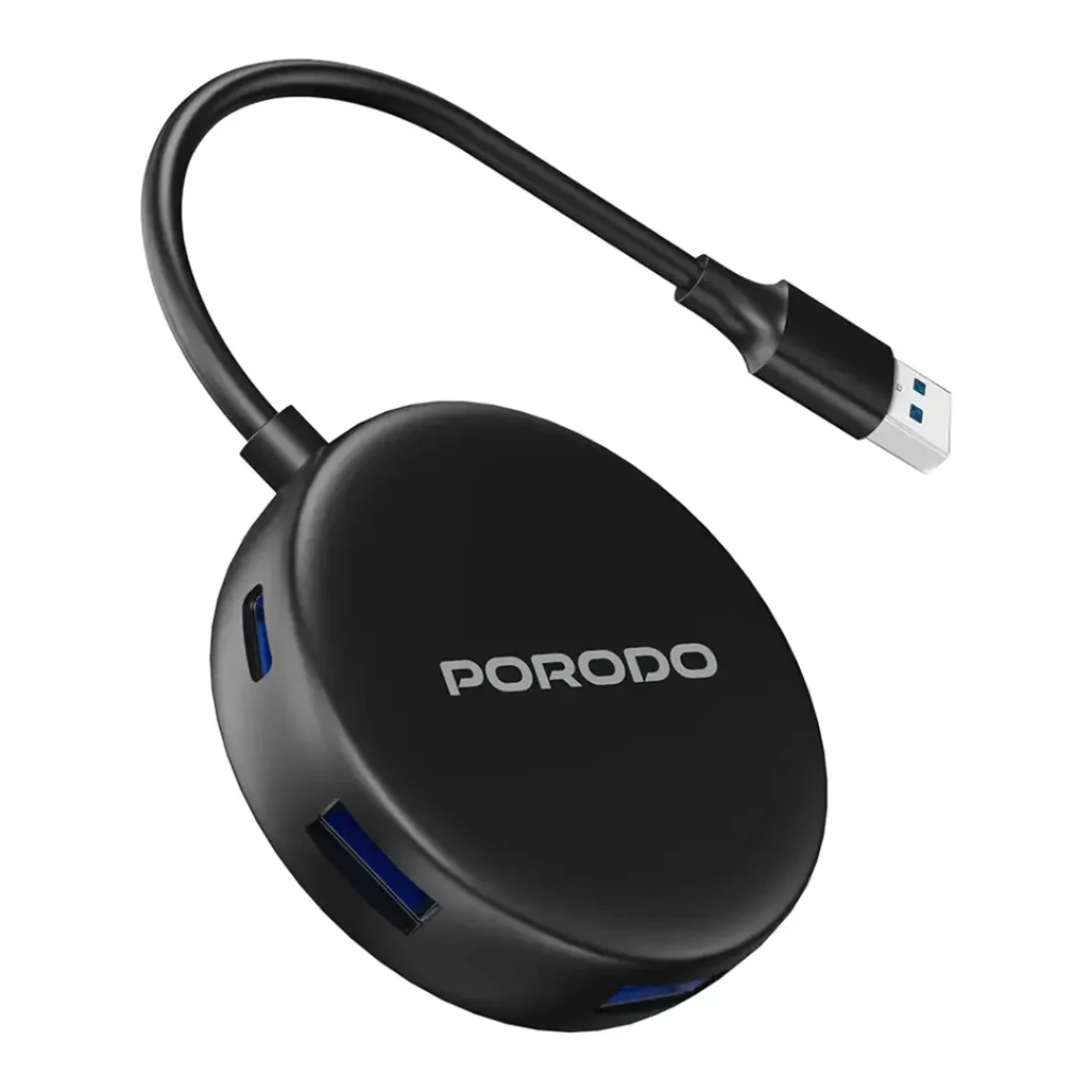 Porodo USB 3.0 Multi-Port Hub with USB-C Power Input – High-Speed 5Gbps Data Transfer, 4 USB Ports – Black