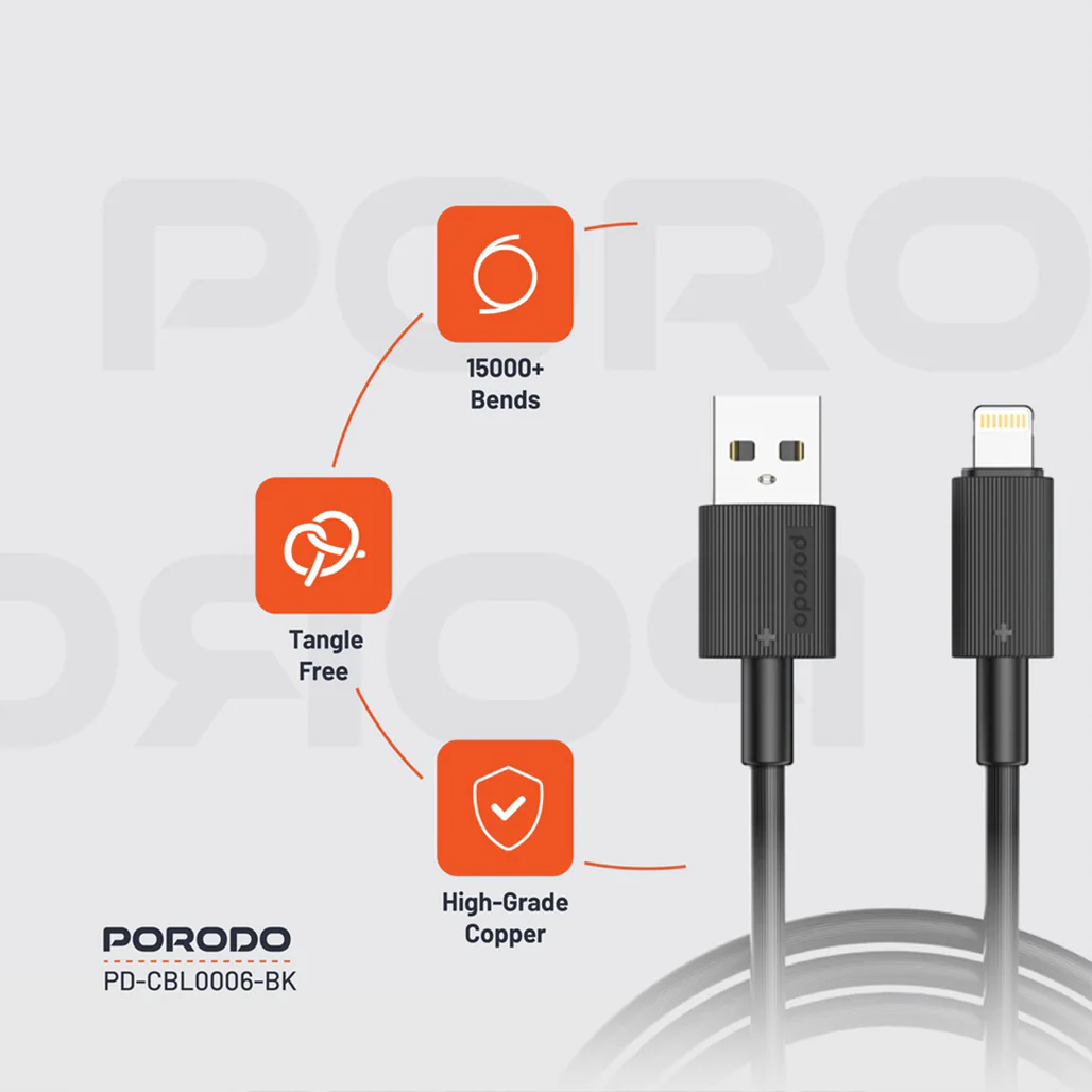 Porodo USB-A to Lightning Durable 3M Fast Charging Cable with 2.4A Current and 480Mbps Data Transfer - Image 3
