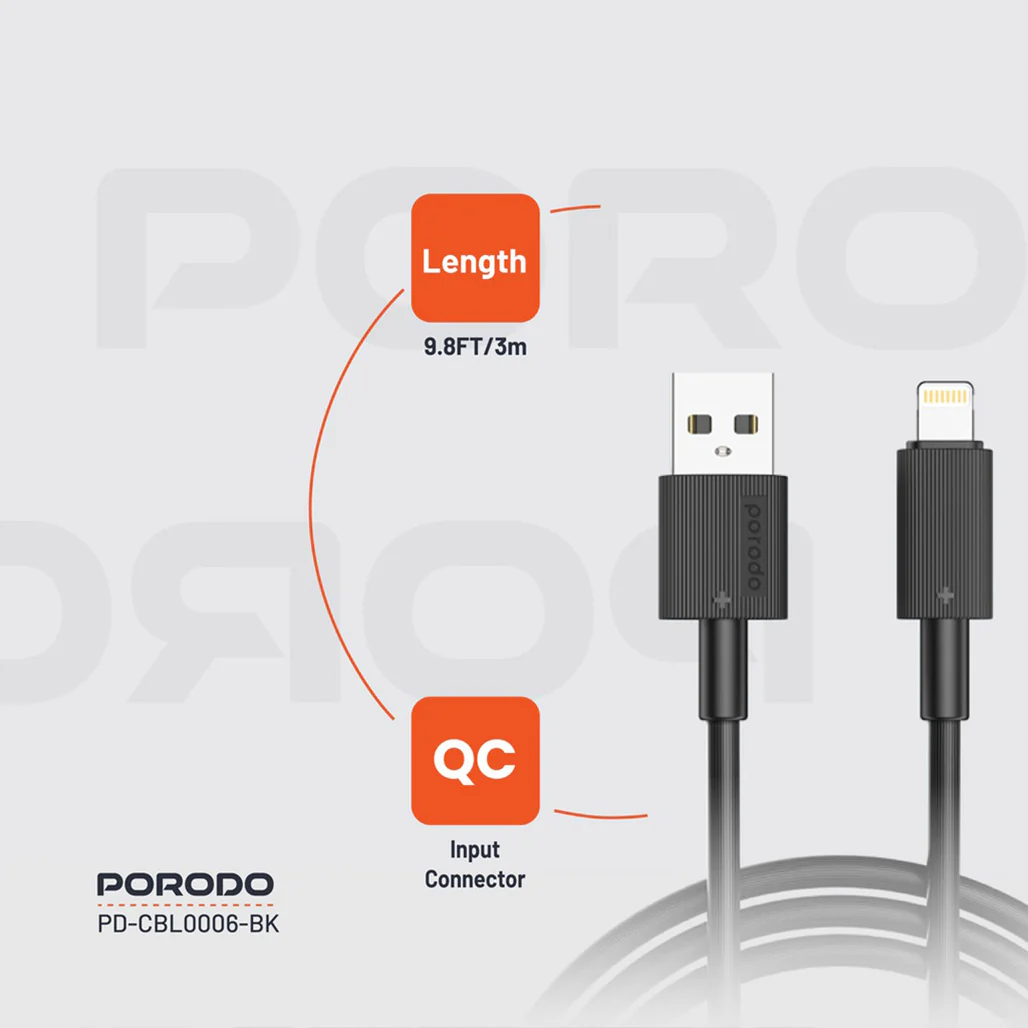 Porodo USB-A to Lightning Durable 3M Fast Charging Cable with 2.4A Current and 480Mbps Data Transfer - Image 7