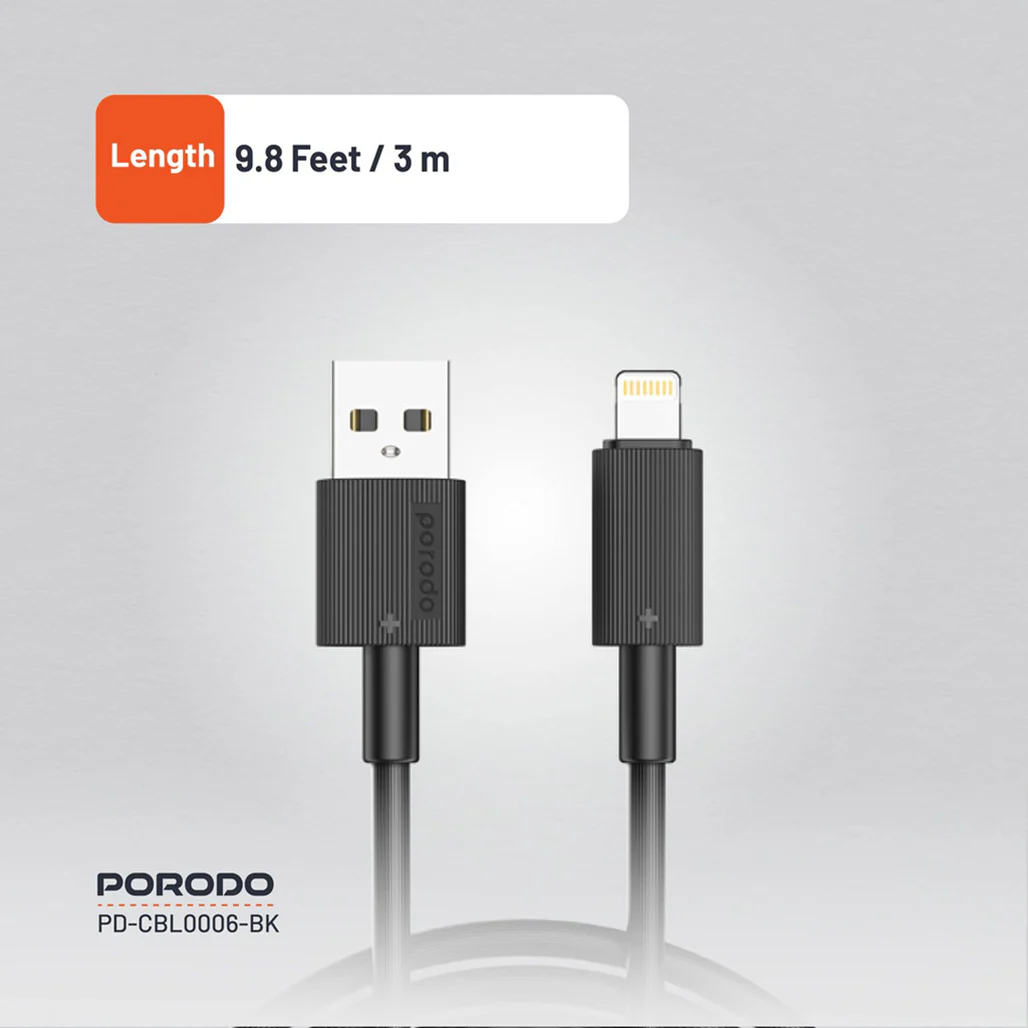 Porodo USB-A to Lightning Durable 3M Fast Charging Cable with 2.4A Current and 480Mbps Data Transfer - Image 8