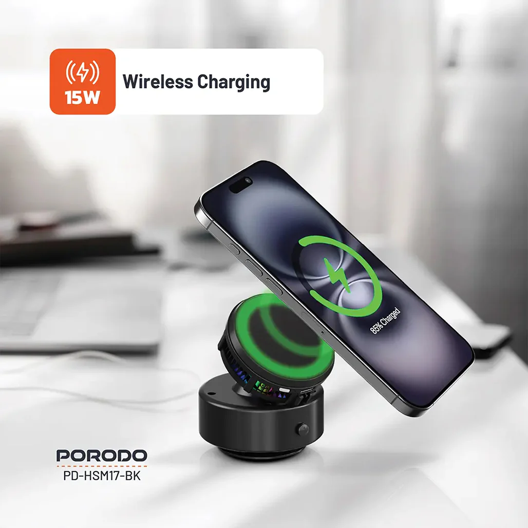 Porodo Vacuseal MagSafe Wireless Charger & Cooling Stand with RGB Lighting – Black - Image 3