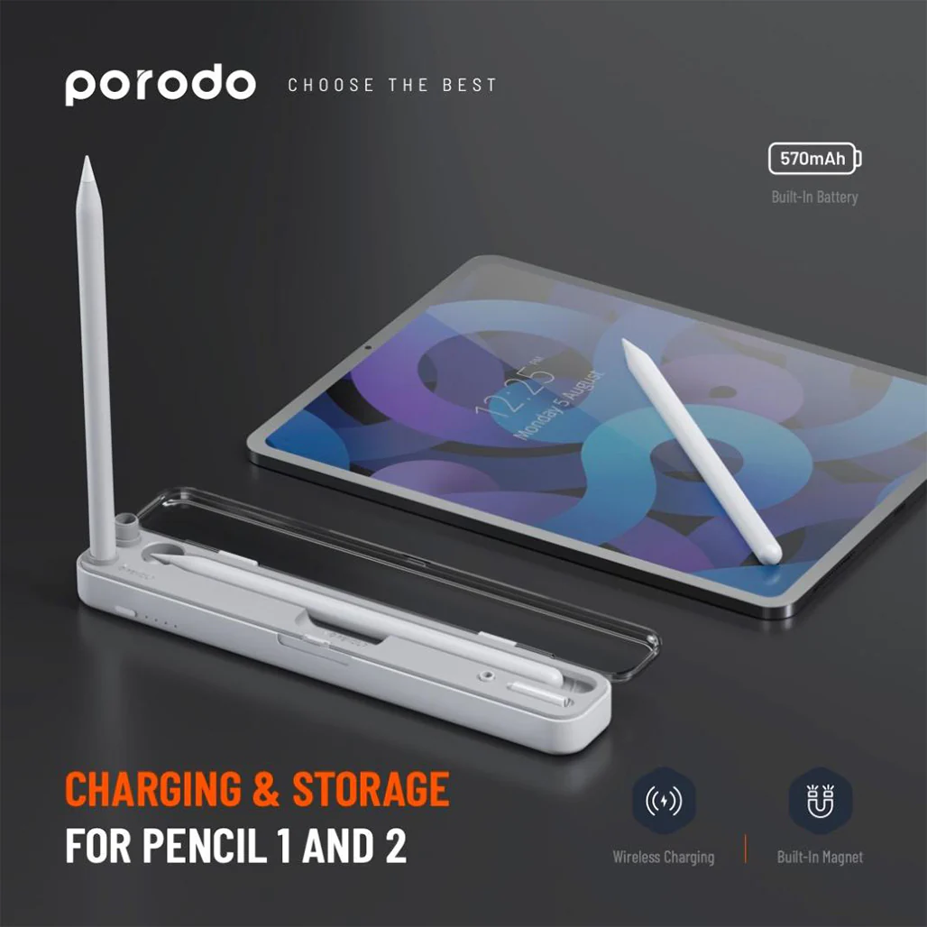Porodo Wireless Charging & Storage Case for Apple Pencil 1 & 2 – Compact Design, LED Indicator, Pencil Tip Storage - Image 4