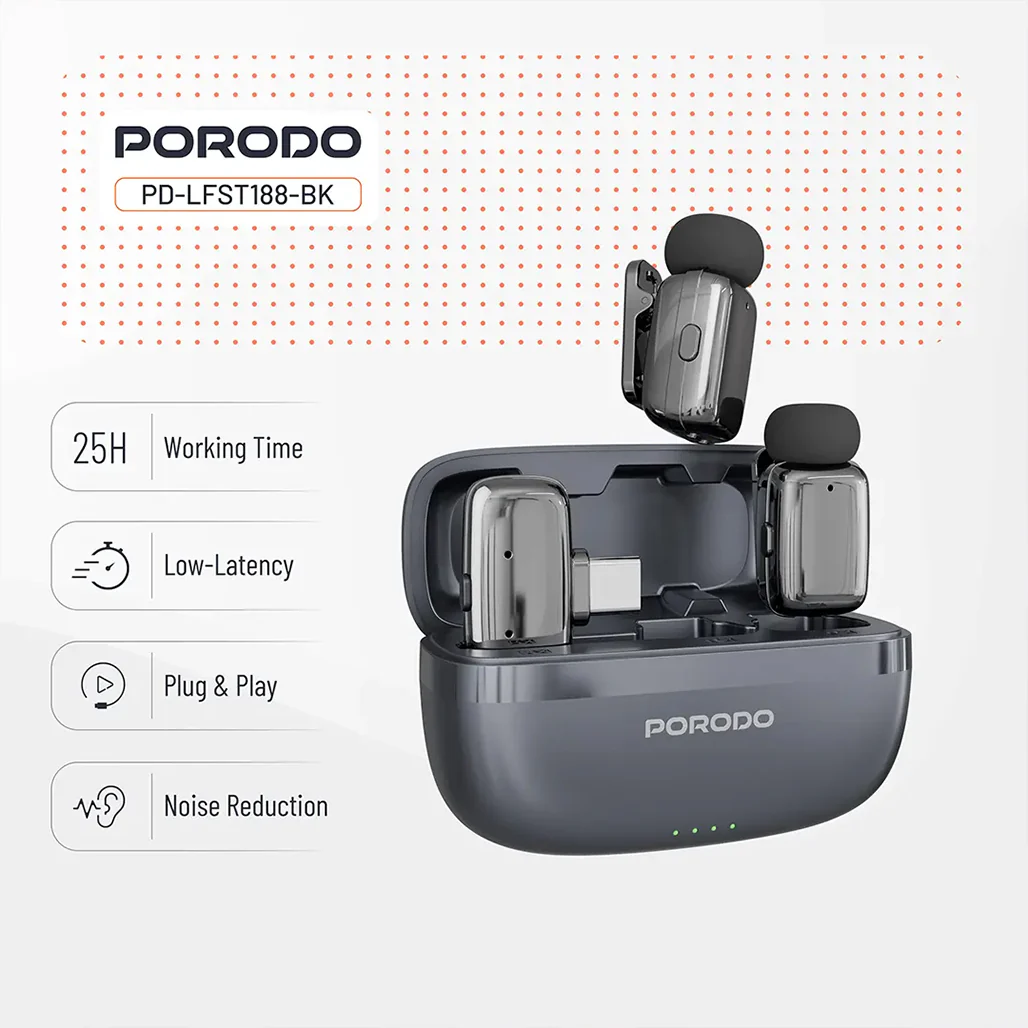 Porodo Wireless Lavalier Microphones Type-C - Black - Image 2