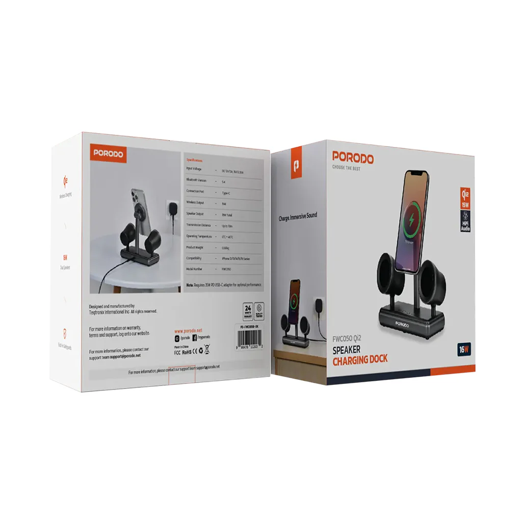 Porodo Wireless Speaker Charging Dock – 15W Fast Charger with Dual HiFi Speakers - Image 6