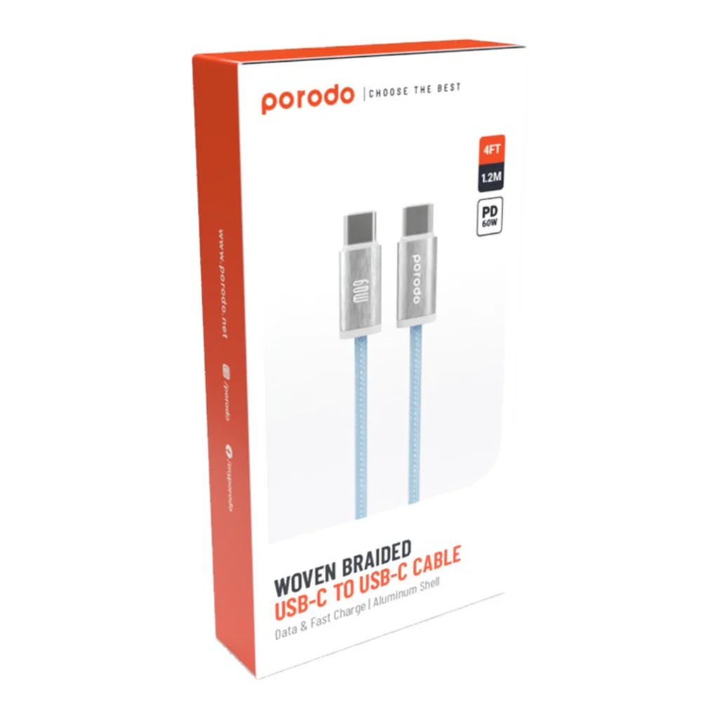 Porodo Woven 60W Type-C to Type-C Cable – 1.2M, Fast Charging & Data Transfer, Durable Woven Braided Cable, Blue - Image 2