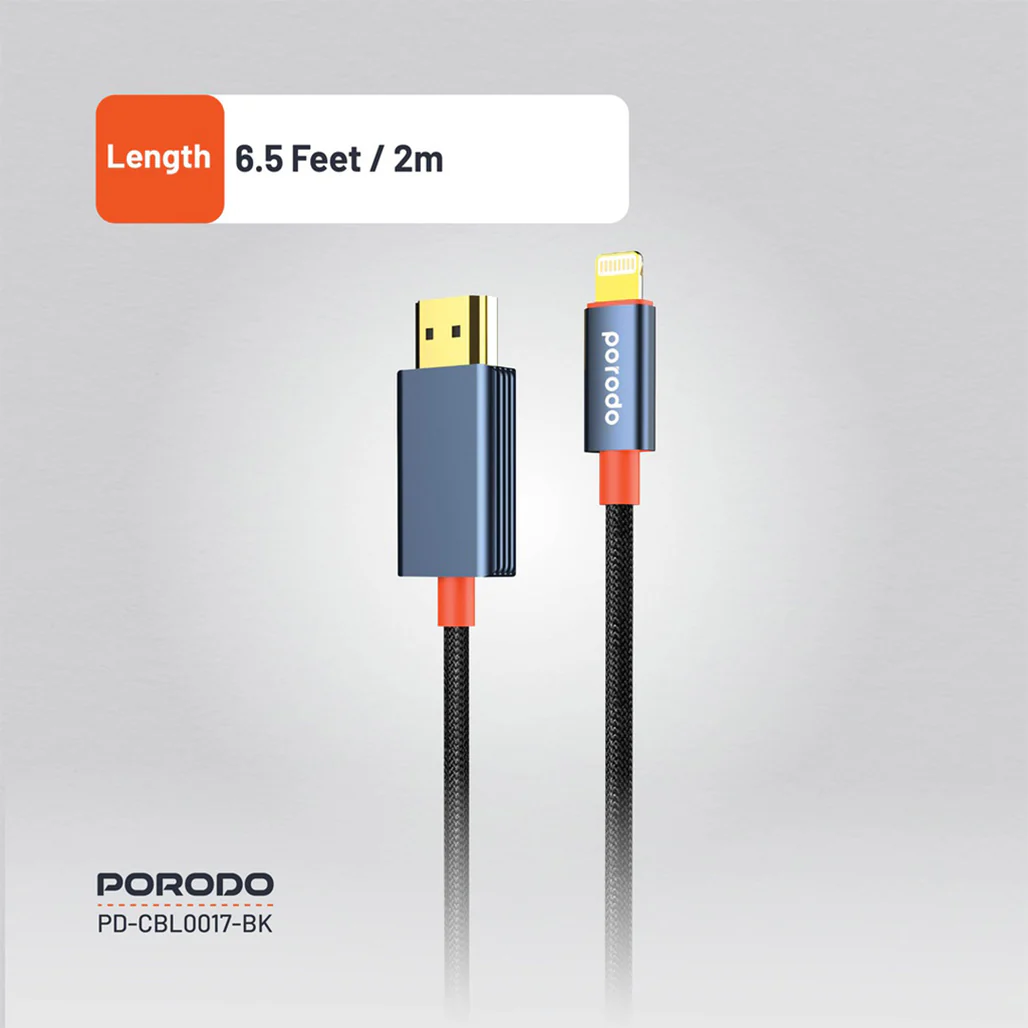 Porodo Woven Cable Lightning to HDMI - Black - Image 2