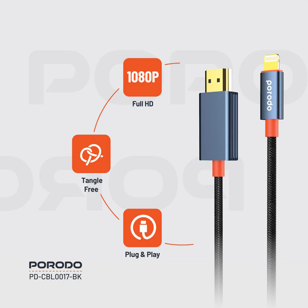 Porodo Woven Cable Lightning to HDMI - Black - Image 8