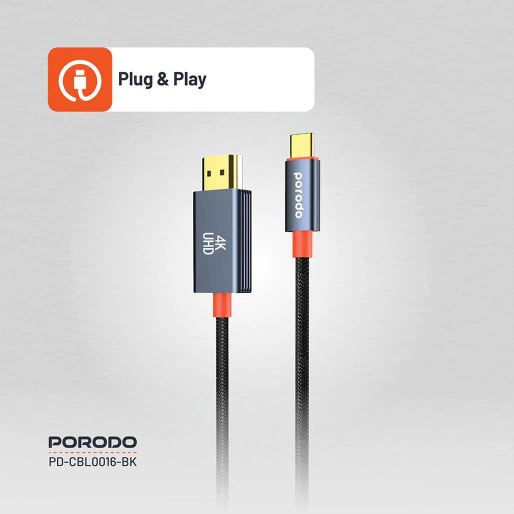 Porodo Woven Cable Type-C to HDMI - Black - Image 2