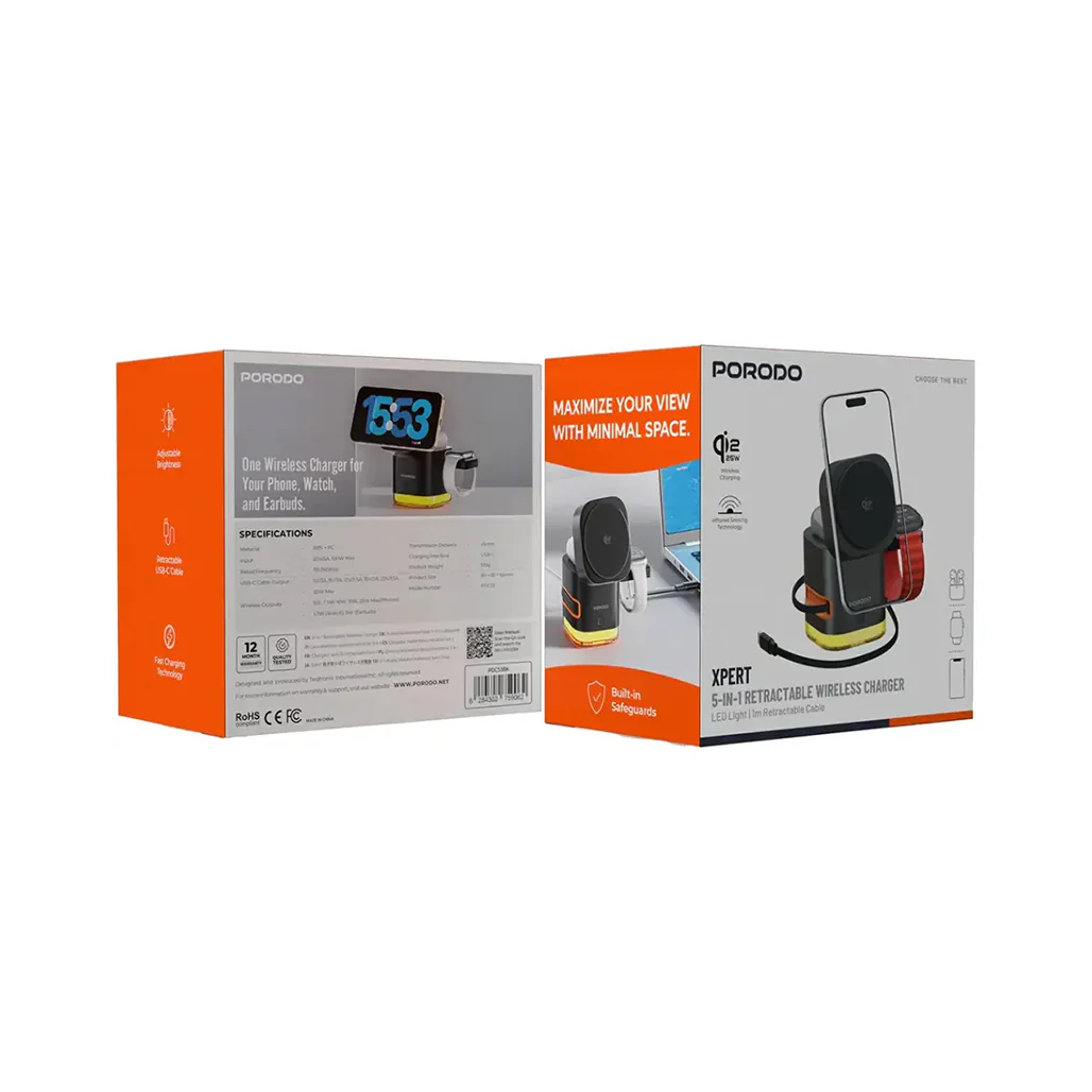 Porodo Xpert 5-In-1 Retractable Wireless Charger with LED Light - Black - Image 2