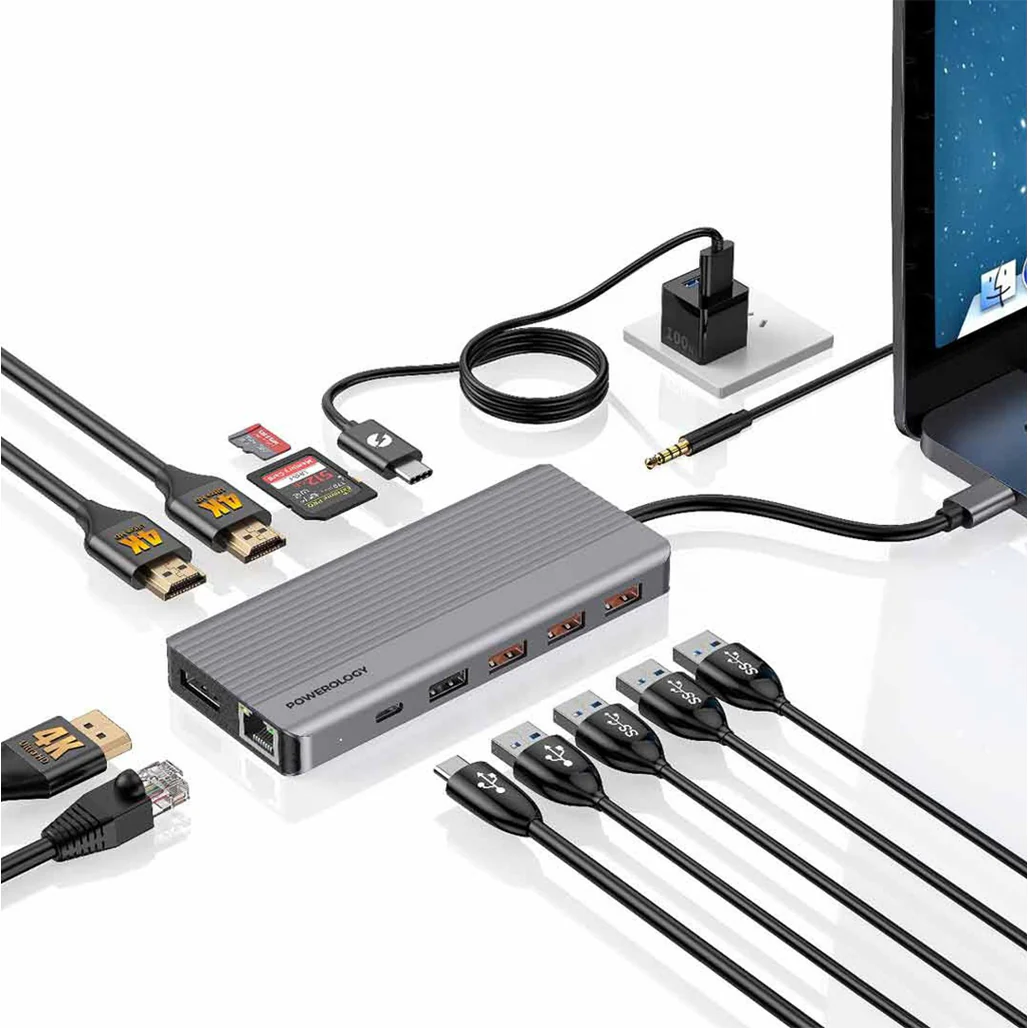 Powerology 13-in-1 USB-C Hub with Dual HDMI, 4K DisplayPort, Ethernet, and SD/MicroSD Card Slots - Image 4