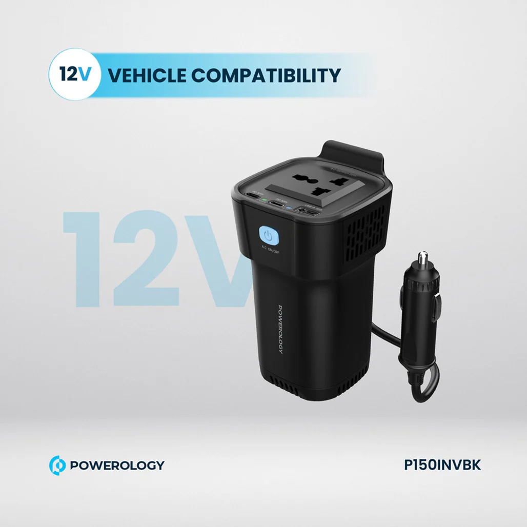 Powerology 150W Inverter AC Universal USB A 2type-C DC Car 12V10A - Black - Image 6