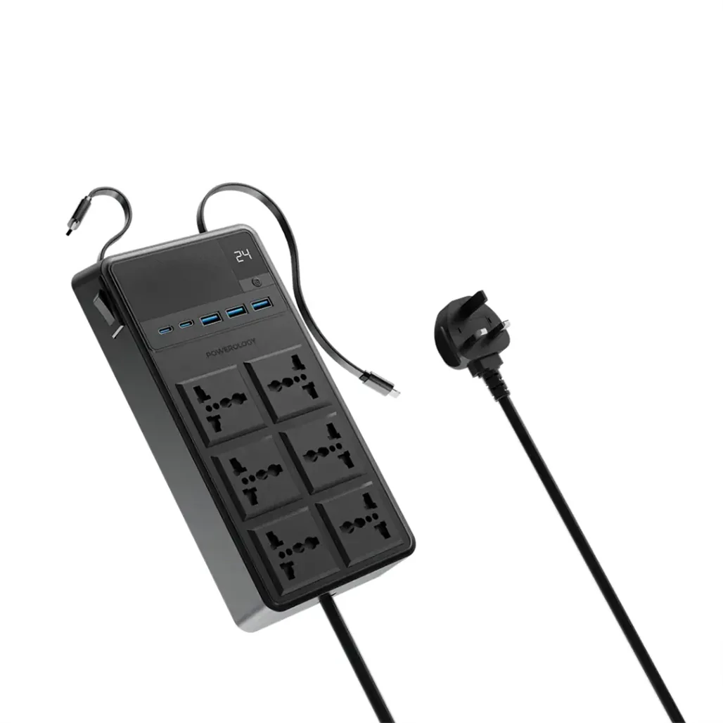 Powerology 2500W 6AC Power Strip with Retractable Cables & USB Fast Charging – Black - Image 2