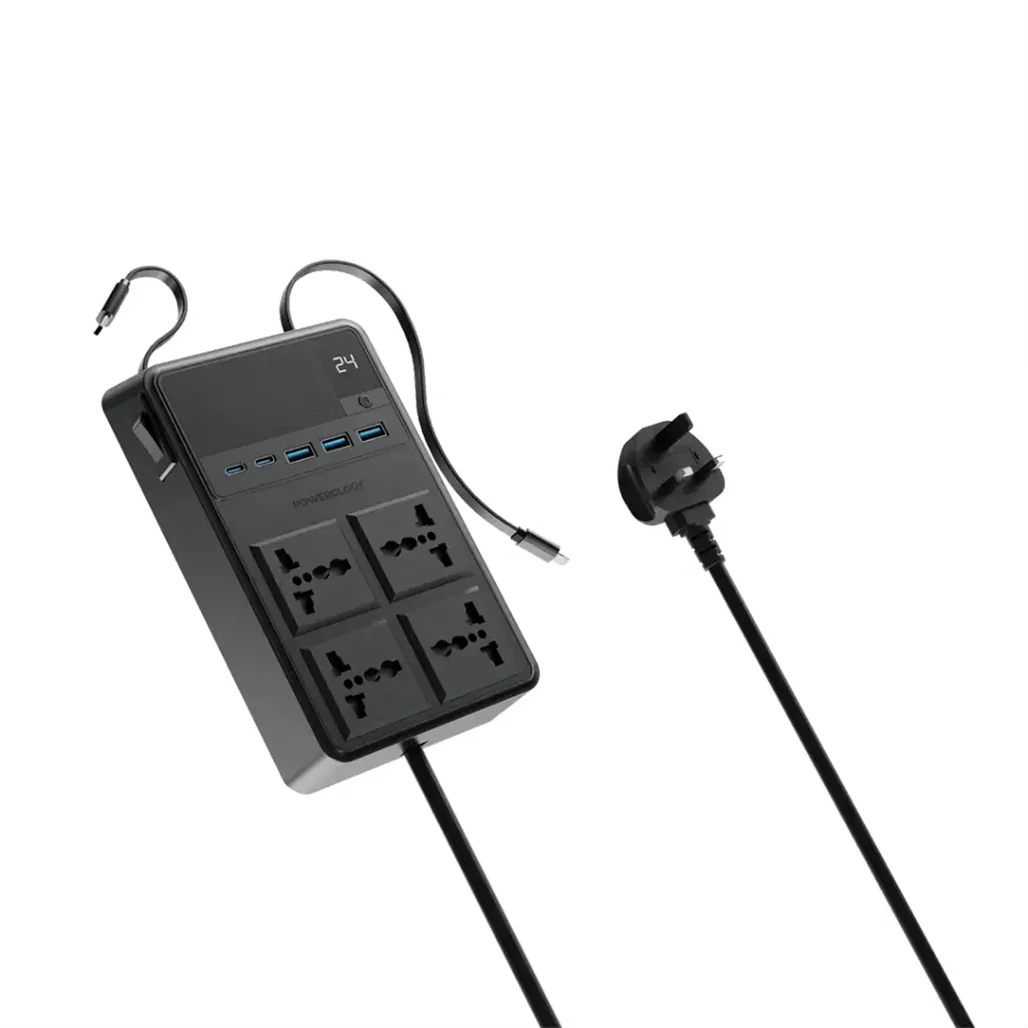 Powerology 2500W Power Strip with 4 AC Outlets, Retractable Cables, and Fast Charging - Black - Image 2