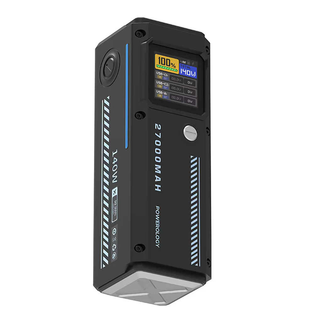 Powerology 27000mAh 140W PD Smart Display Power Bank – USB-C & USB-A Ports, Fast Laptop Charging, Compact Travel Battery Pack – Black - Image 3
