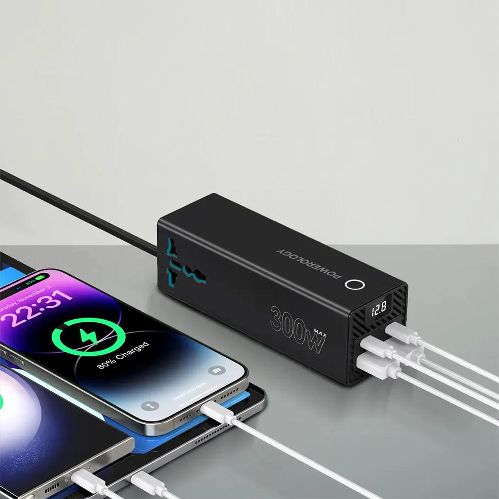 Powerology 300W Universal Car Power Inverter with Dual AC Outlets, USB-C PD 36W, QC 3.0 USB-A – Black - Image 3