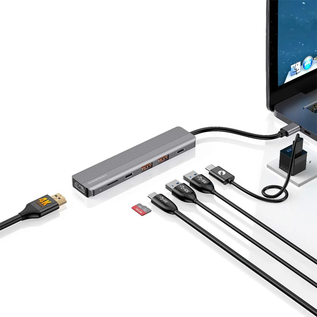 Powerology 6-in-1 Slim 4K HDMI USB-C Hub – High-Speed Data Transfer, PD100W Charging, 4K UHD, Micro SD Slot - Image 5