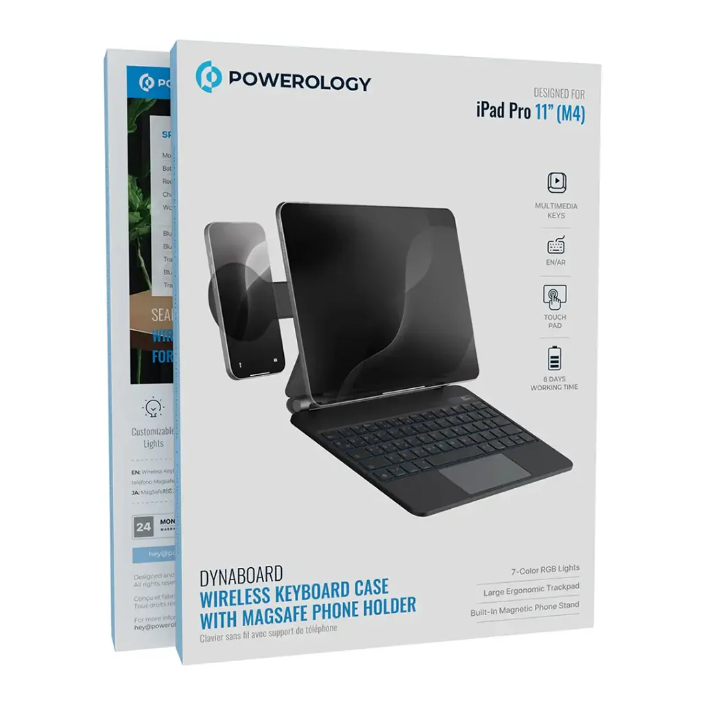 Powerology DynaBoard Wireless Keyboard Case With MagSafe Phone Holder for iPad 11"(M4) - Black - Image 4