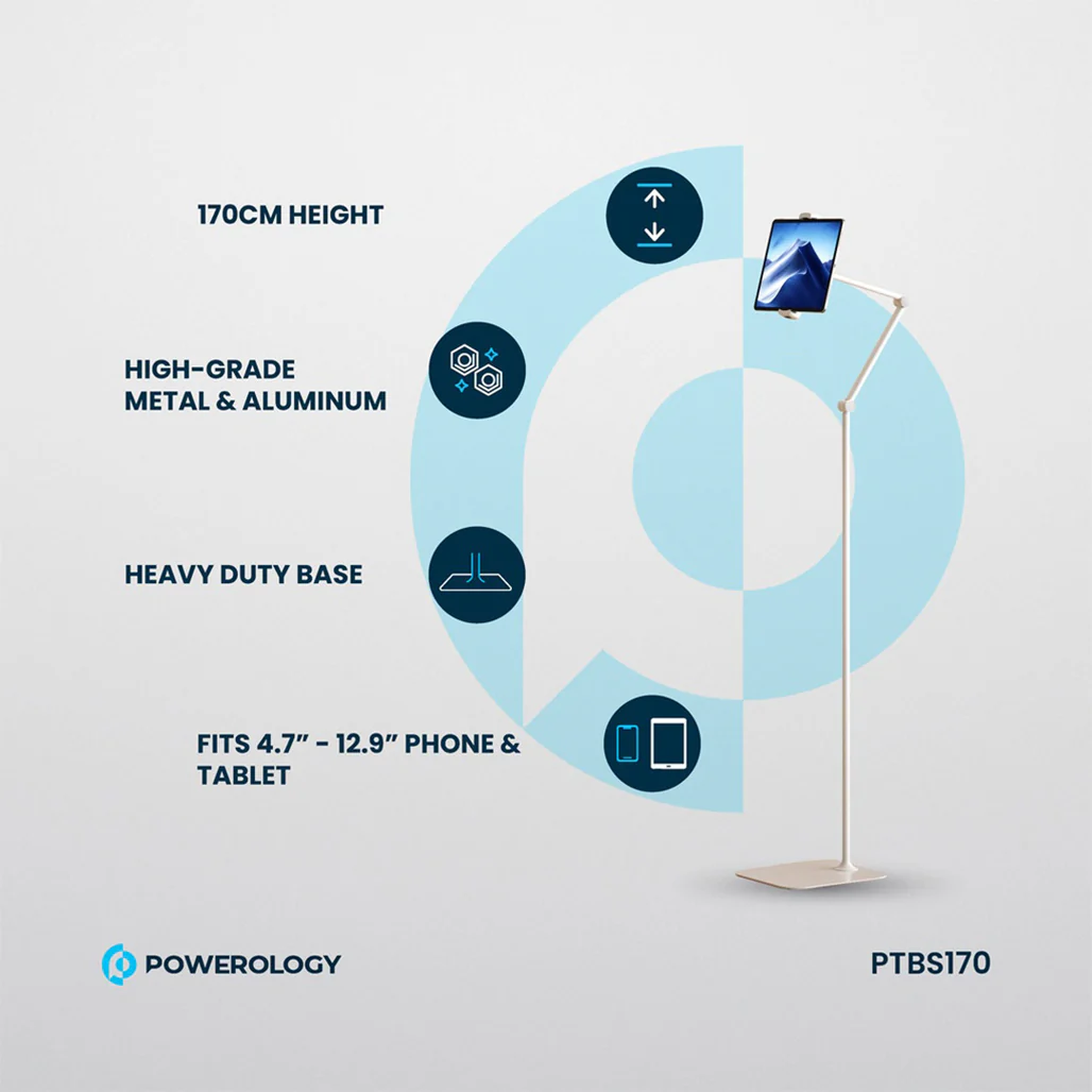 Powerology Multi-Joint Floor Stand with Metal Base for Phones & Tablets – Adjustable 110-170 cm, 360° Rotating Head, White - Image 5
