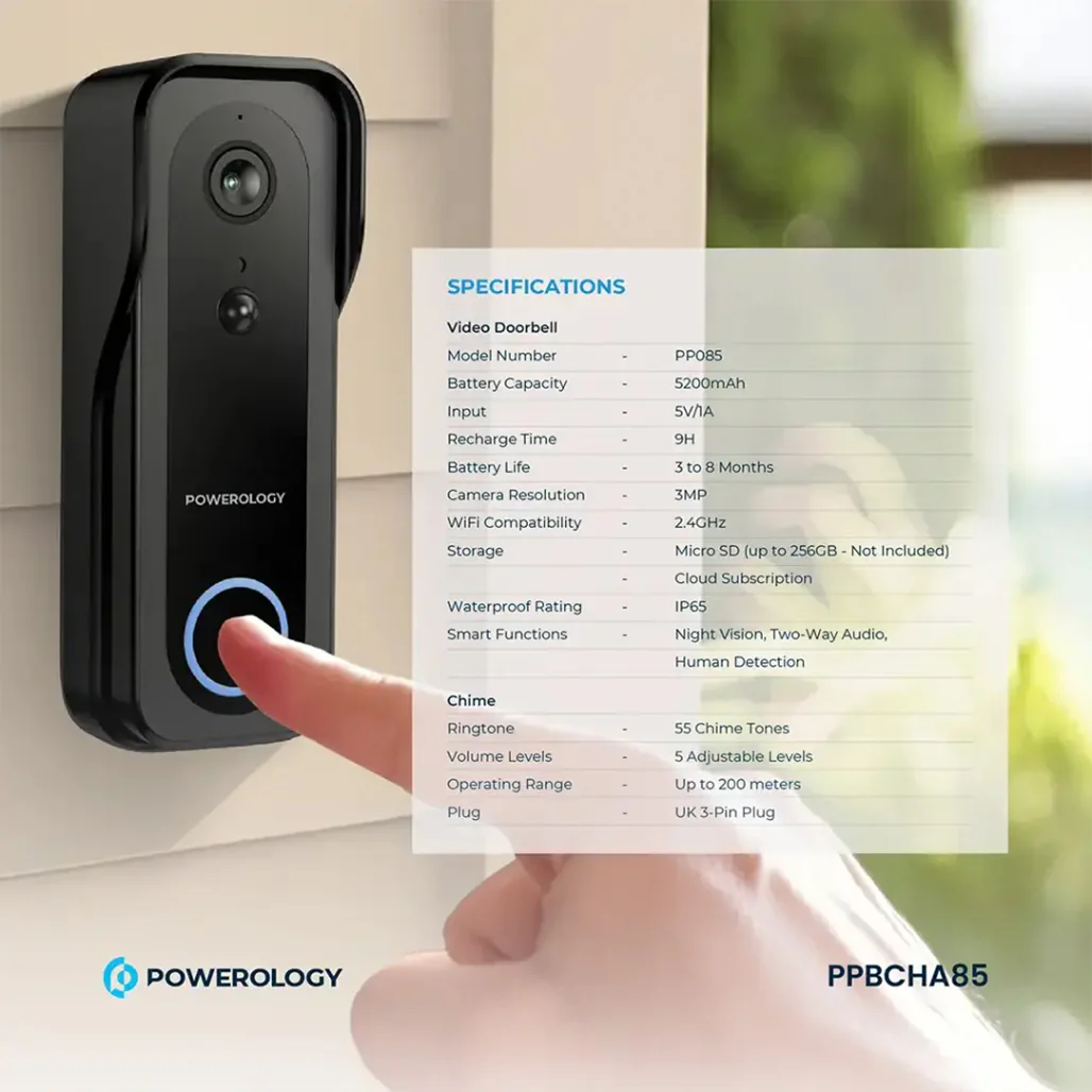 Powerology Smart WiFi Video Doorbell Camera with 3MP HD, Night Vision & 2-Way Audio – Black - Image 2